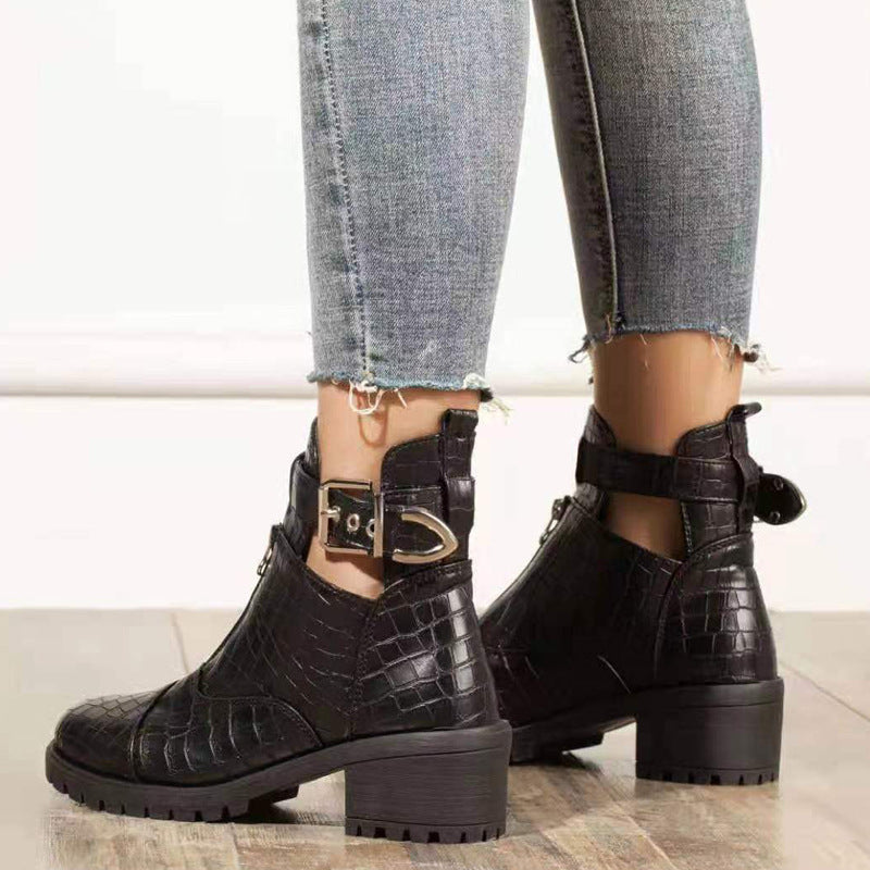 New Martin Boots Thick Heel Buckle Strap Crocodile Print Mid Heel Short Tube Women's Shoes
