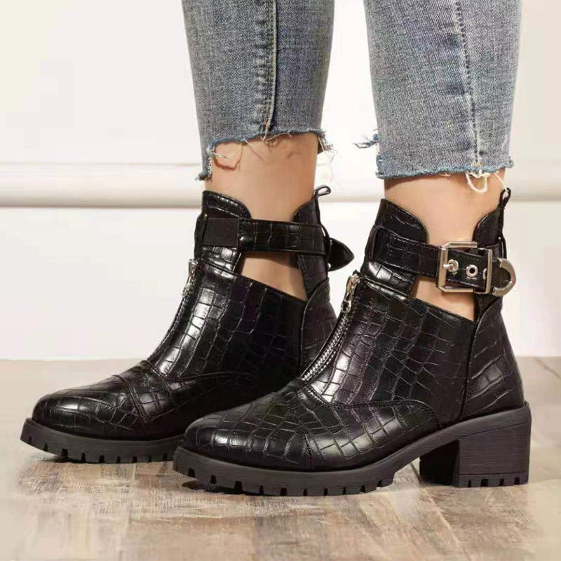 New Martin Boots Thick Heel Buckle Strap Crocodile Print Mid Heel Short Tube Women's Shoes