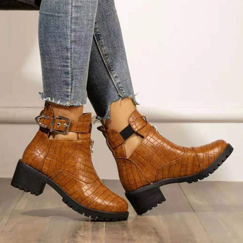 New Martin Boots Thick Heel Buckle Strap Crocodile Print Mid Heel Short Tube Women's Shoes