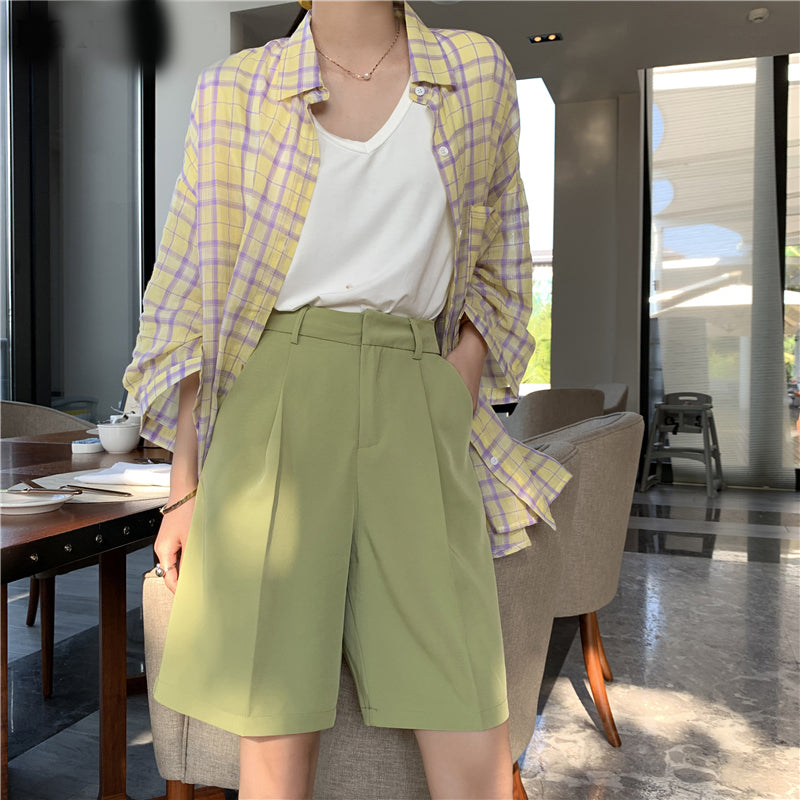 Women's Suit Shorts Casual Pants High Waist Loose Five-point Wide-leg Pants