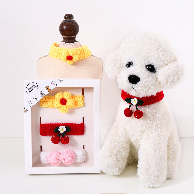 Pet Hand Knitted Wool Cherry Flower Bow Adjustable Cat Dog Cole Duck Collar Accessories Gift Box