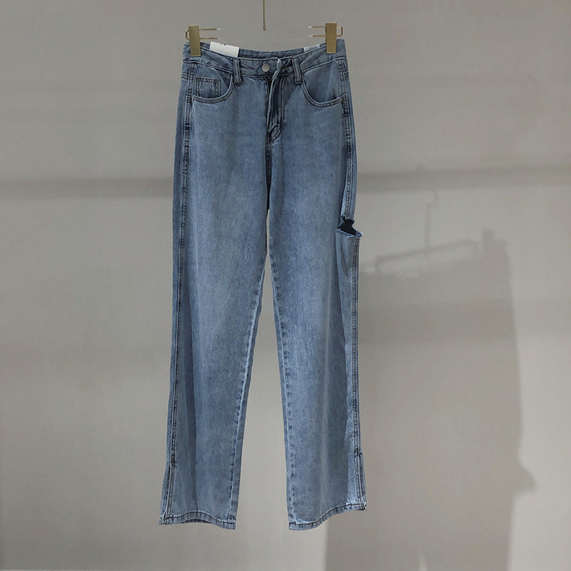 Light Blue Beggar Ripped Wide-leg Jeans