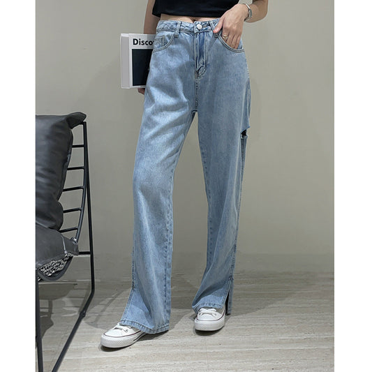 Light Blue Beggar Ripped Wide-leg Jeans