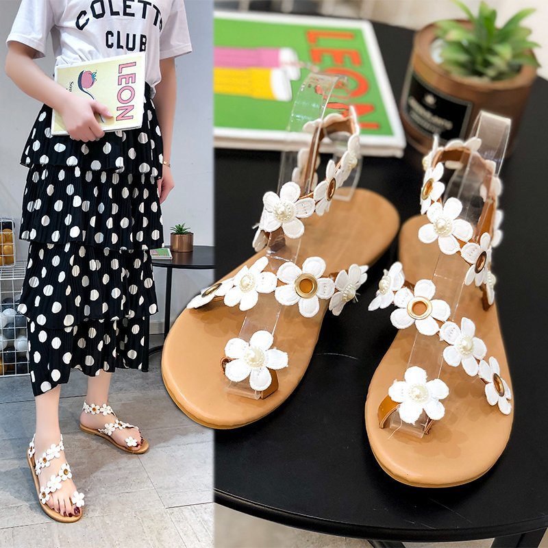 Ydre størrelse Store størrelser sandaler Damemode blomster flade strandromersandaler til hele kroppen