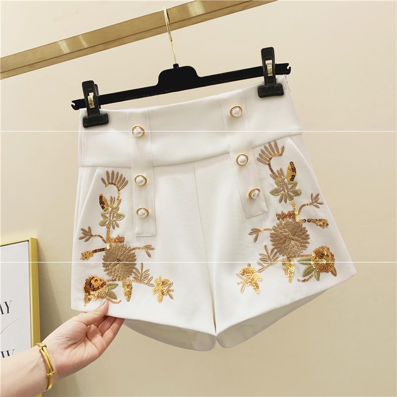 Autumn And Winter French Niche Embroidery Double-Breasted Wide-Leg Shorts Women's Retro Heavy Pearl Buckle High-Waist Sequined Casual Pants