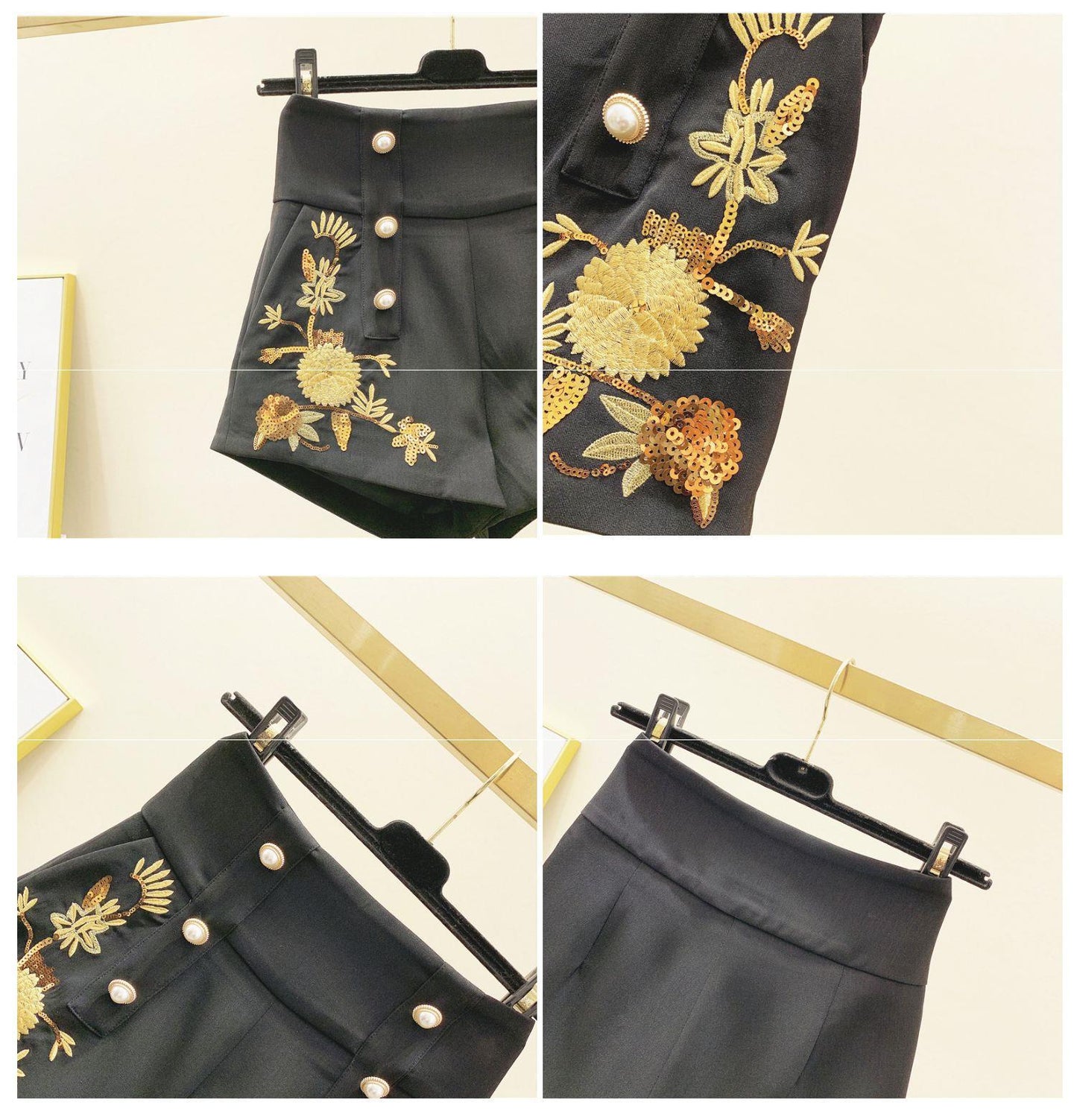 Autumn And Winter French Niche Embroidery Double-Breasted Wide-Leg Shorts Women's Retro Heavy Pearl Buckle High-Waist Sequined Casual Pants