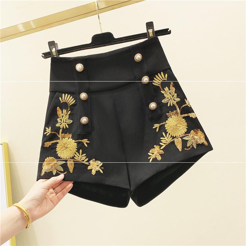 Autumn And Winter French Niche Embroidery Double-Breasted Wide-Leg Shorts Women's Retro Heavy Pearl Buckle High-Waist Sequined Casual Pants
