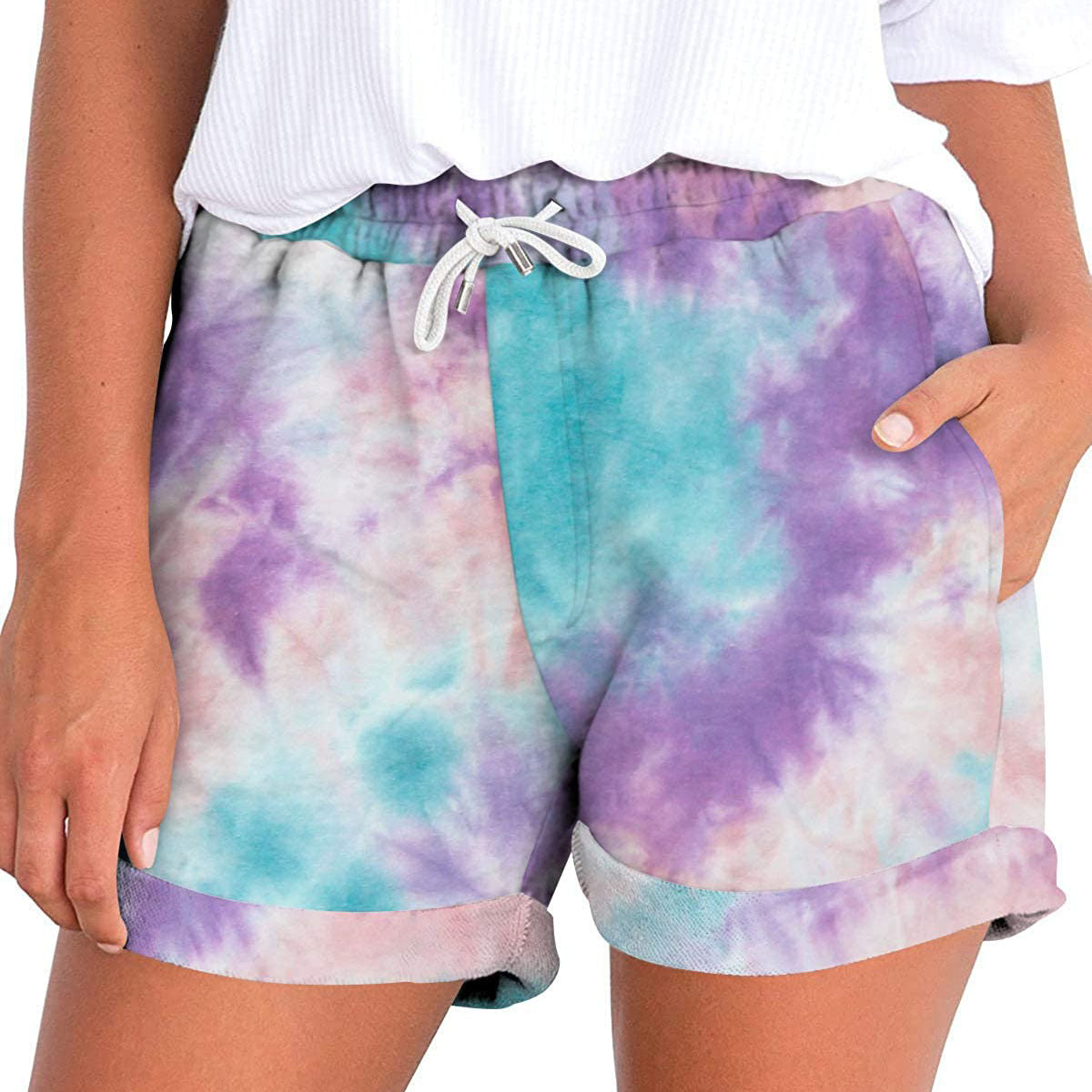 Tie Dye Printing Fashion Casual Ladies Short Pocket Loose High Waist Women's Pants