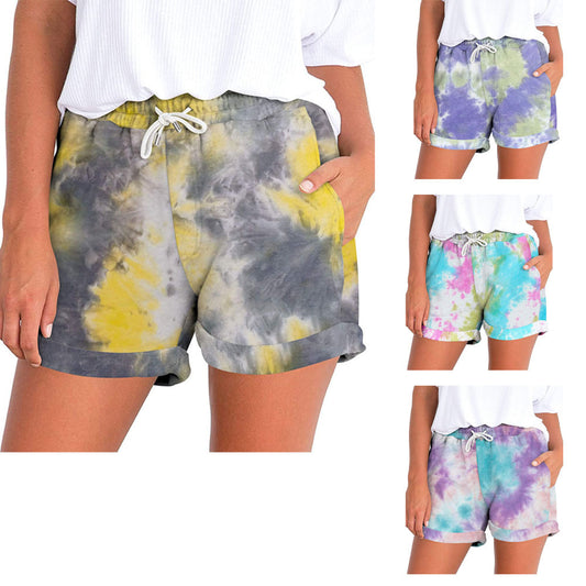 Tie Dye Printing Fashion Casual Ladies Short Pocket Loose High Waist Women's Pants
