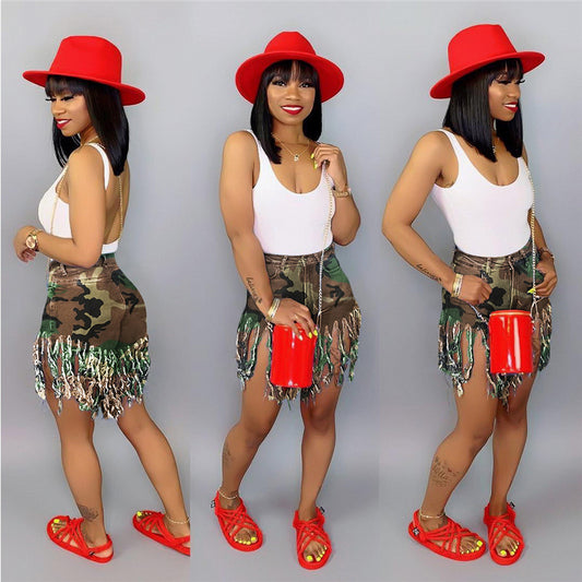 Fringed Brushed Camouflage Print Shorts Women's Casual Straight-leg Pants