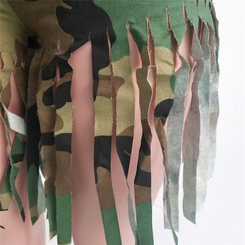 Fringed Brushed Camouflage Print Shorts Women's Casual Straight-leg Pants
