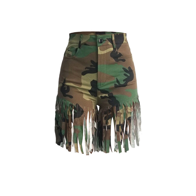 Fringed Brushed Camouflage Print Shorts Women's Casual Straight-leg Pants