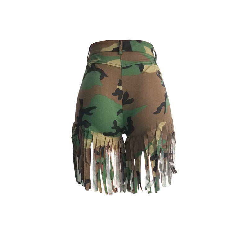 Fringed Brushed Camouflage Print Shorts Women's Casual Straight-leg Pants