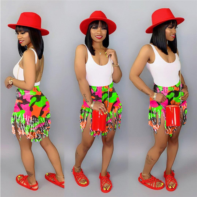 Fringed Brushed Camouflage Print Shorts Women's Casual Straight-leg Pants
