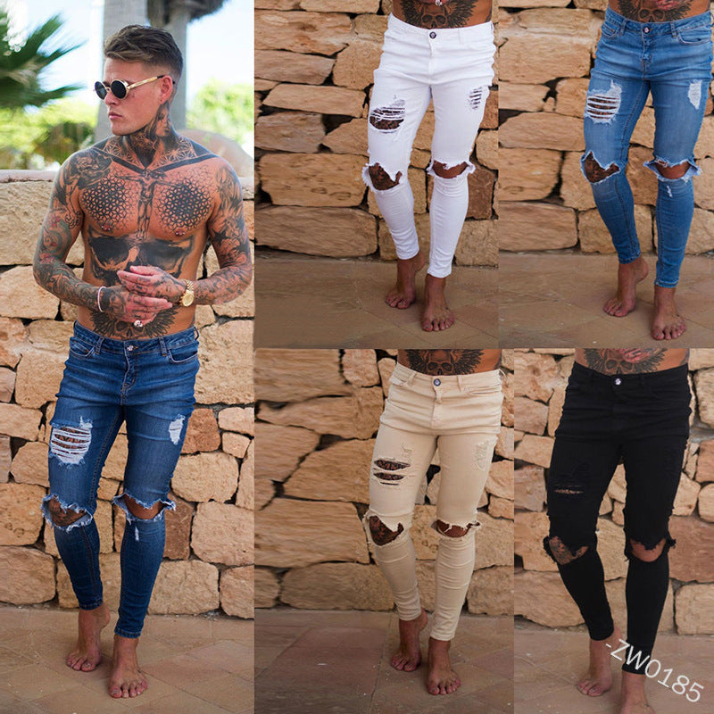 New High Street Style Beggar Ripped Men'S Small Feet Jeans Slim-Fit Male Cowboy