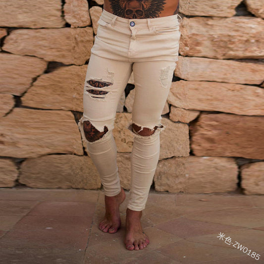New High Street Style Beggar Ripped Men'S Small Feet Jeans Slim-Fit Male Cowboy