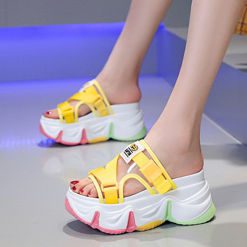 Thick-soled Rainbow Sandals And Slippers Fashion Transparent Sponge Cake High Heels