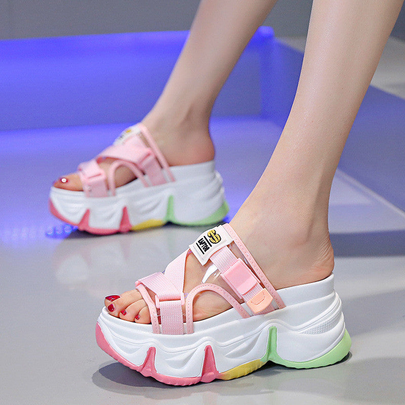 Thick-soled Rainbow Sandals And Slippers Fashion Transparent Sponge Cake High Heels