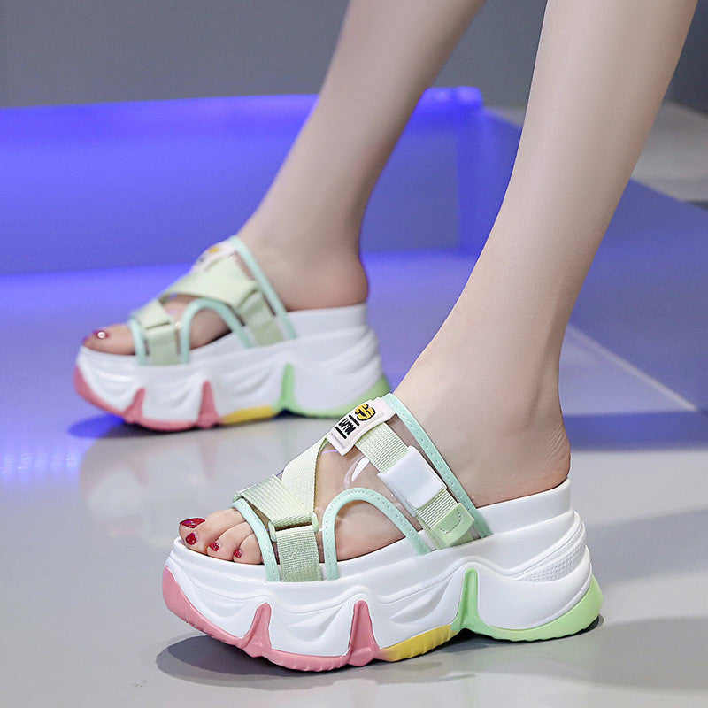 Thick-soled Rainbow Sandals And Slippers Fashion Transparent Sponge Cake High Heels