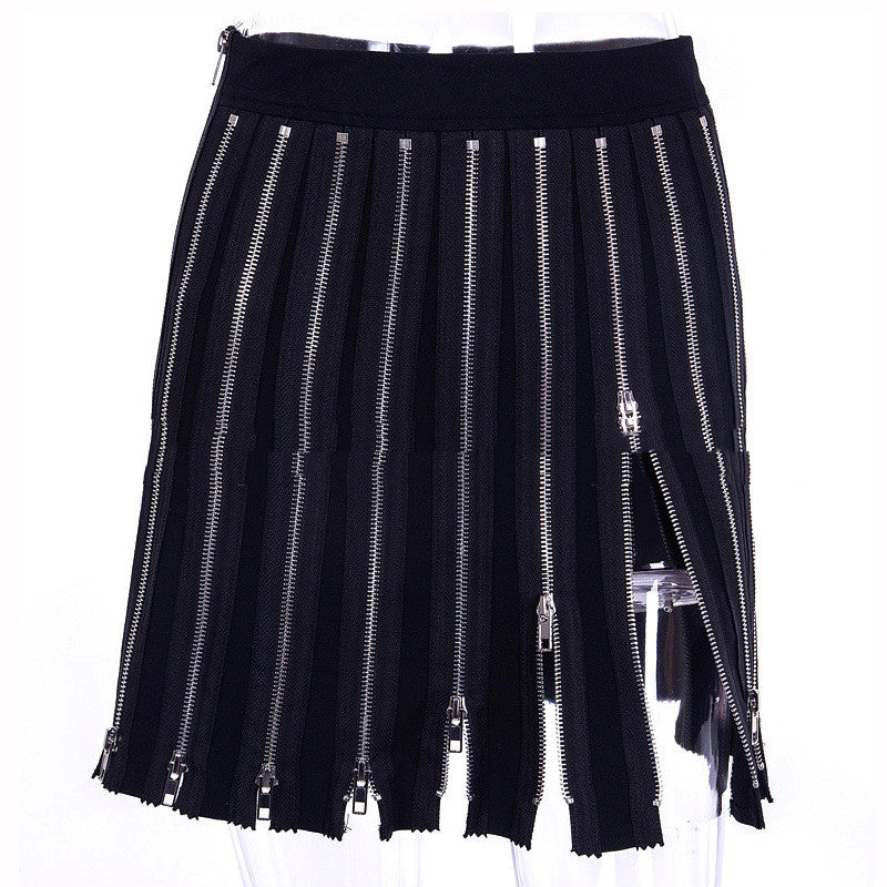 New High Waist Skirt Zipper Combination Female Black Multi Zipper Skirt From Stock