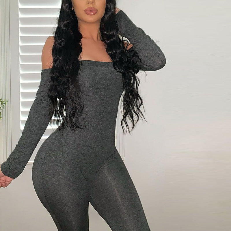 Spring And Summer New Fashion Suit One-shoulder Sleeved Jumpsuit Sexy Tight Trousers