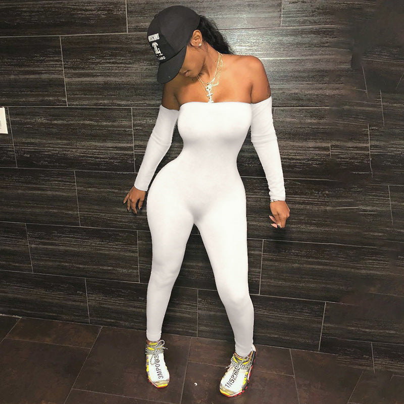 Spring And Summer New Fashion Suit One-shoulder Sleeved Jumpsuit Sexy Tight Trousers