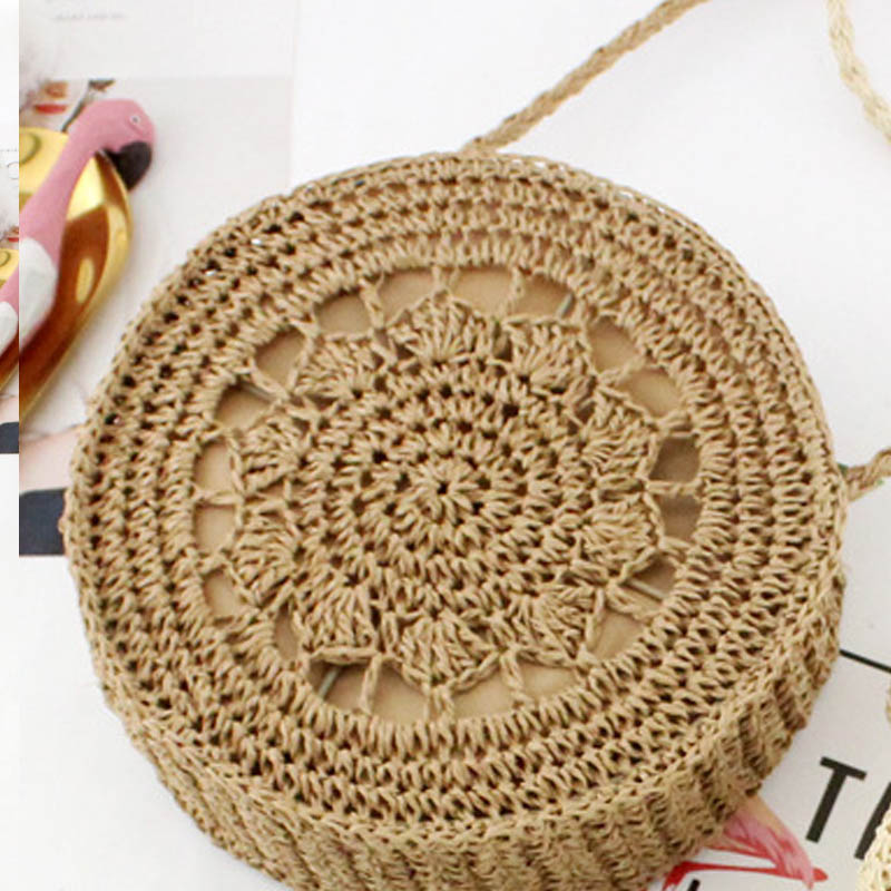 Round Iron Frame Hook Flower And Grass Weaving Bag Single Shoulder Cross Sling Paper Rope Weaving Bag Leisure Beach Women'S Bag