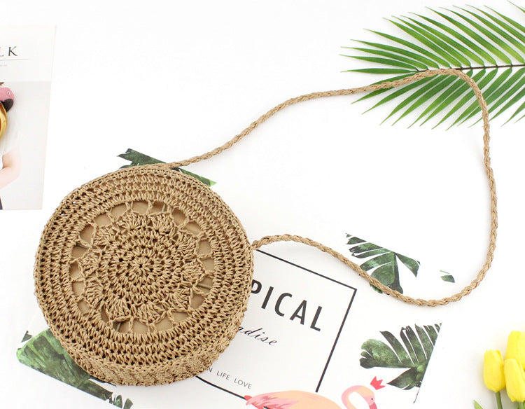 Round Iron Frame Hook Flower And Grass Weaving Bag Single Shoulder Cross Sling Paper Rope Weaving Bag Leisure Beach Women'S Bag