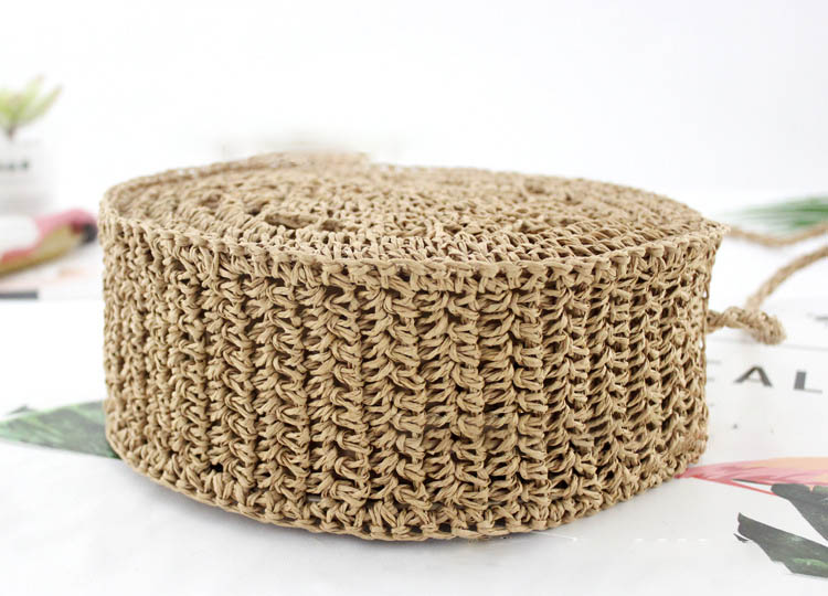 Round Iron Frame Hook Flower And Grass Weaving Bag Single Shoulder Cross Sling Paper Rope Weaving Bag Leisure Beach Women'S Bag