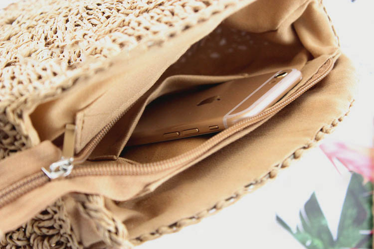 Round Iron Frame Hook Flower And Grass Weaving Bag Single Shoulder Cross Sling Paper Rope Weaving Bag Leisure Beach Women'S Bag