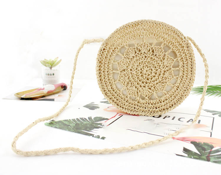 Round Iron Frame Hook Flower And Grass Weaving Bag Single Shoulder Cross Sling Paper Rope Weaving Bag Leisure Beach Women'S Bag