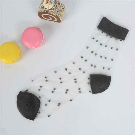 Ladies Card Silk Pile Pile Stockings Japanese Retro Transparent Ultra-Thin Polka Dot Glass Silk Color Short Stockings Socks