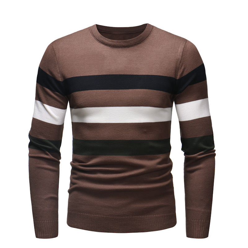 New Round Neck Sweater Men's Striped Color Blocking Slim Fit Sweater