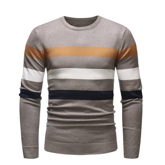 New Round Neck Sweater Men's Striped Color Blocking Slim Fit Sweater