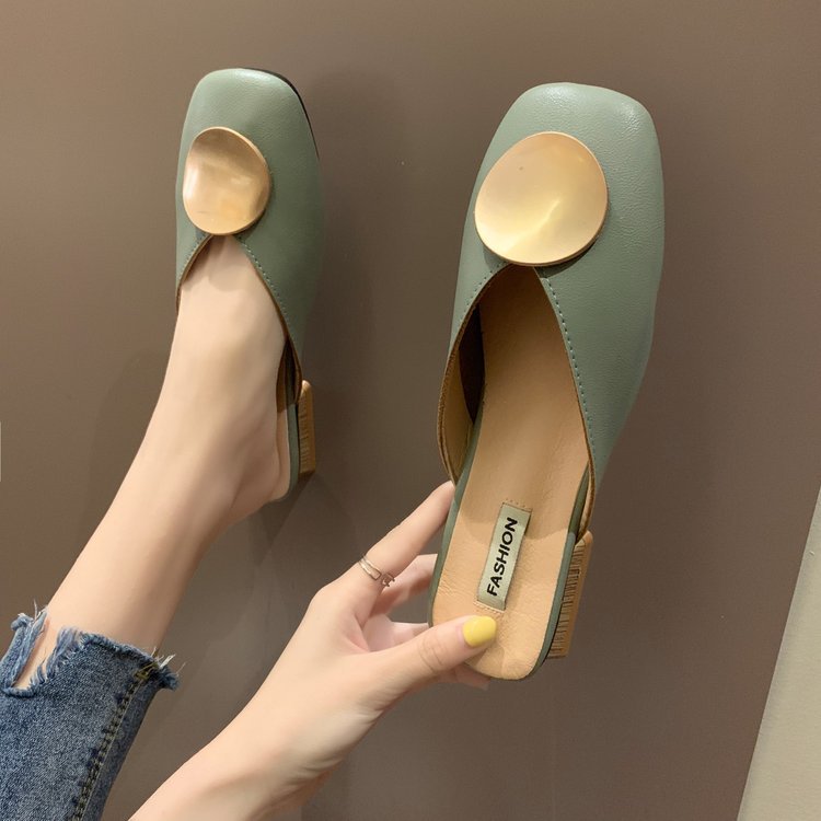 Dress Net Red Slippers Women'S Summer New Fashion Casual Baotou Half Slippers Women'S Low Heel Thick Heel Sandals Muller Shoes