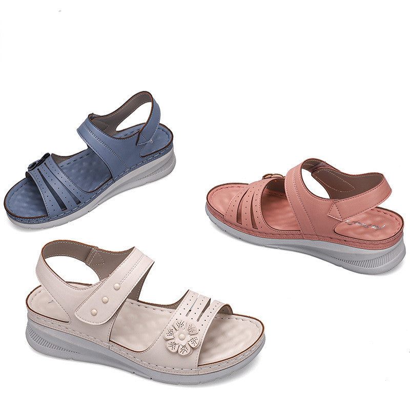 Casual And Comfortable Wedge With Flower Stitching Light Velcro Sandals Women