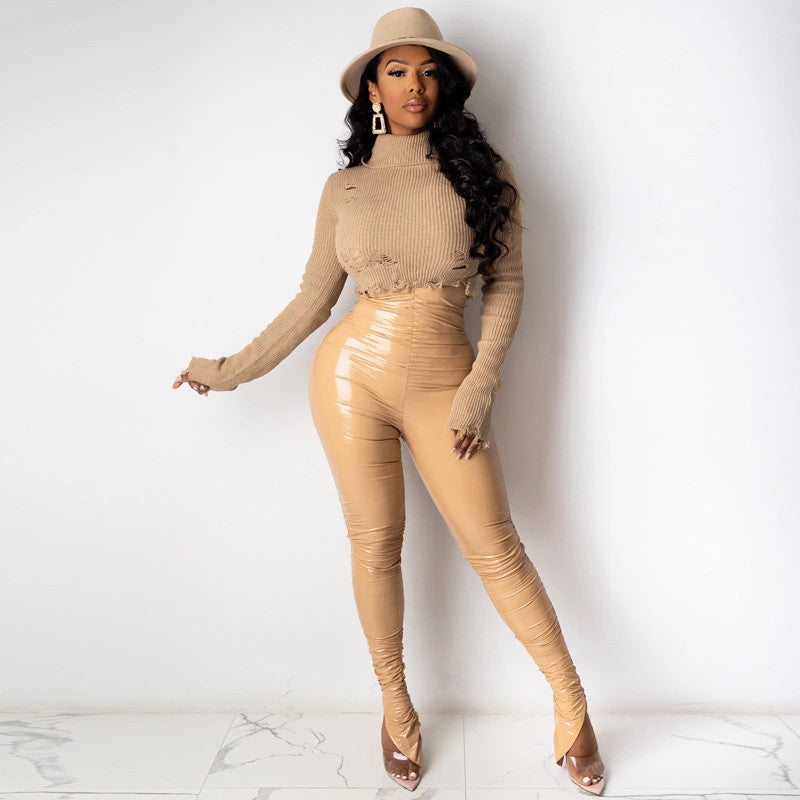 European And American Style Autumn And Winter New Women's Personality Leggings Side Slit Folds Pencil Footwear