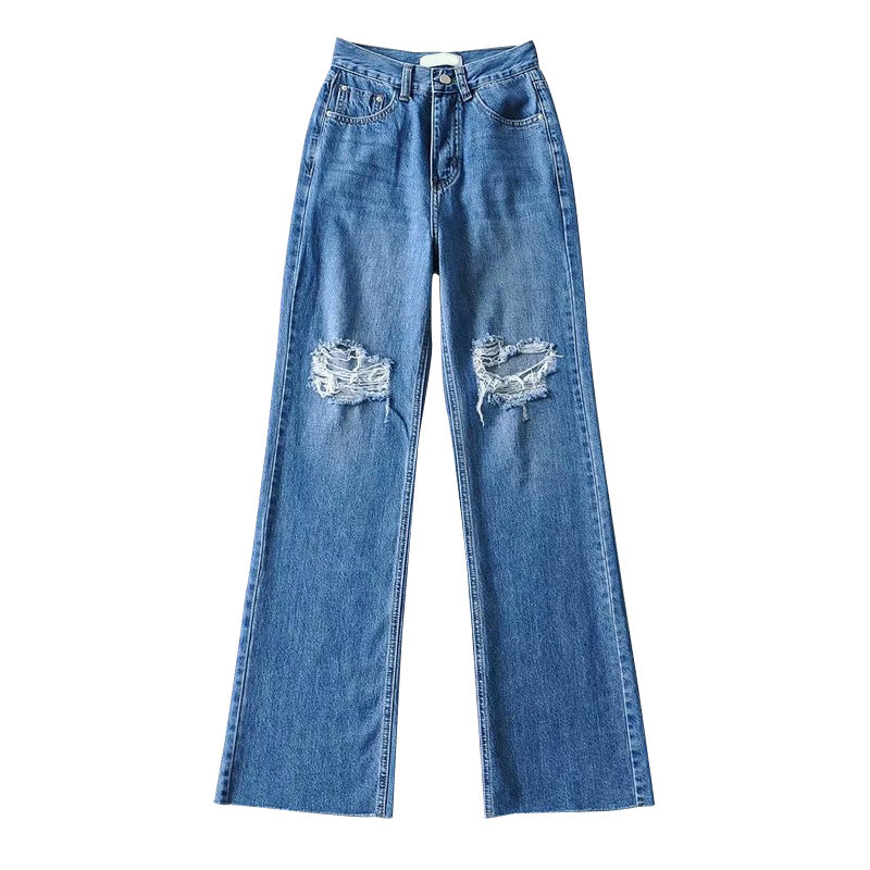 Liviahome Retro Ripped Wide-leg Jeans Female High-waisted Thin Loose Drape Mopping Trousers