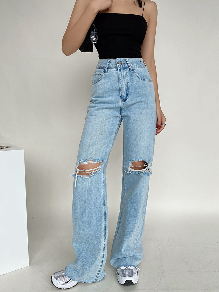 Liviahome Retro Ripped Wide-leg Jeans Female High-waisted Thin Loose Drape Mopping Trousers