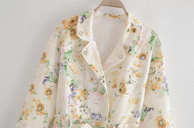 Summer New Style Foreign Temperament Flower Print High Waist Denim Jumpsuit One-Piece