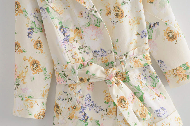 Summer New Style Foreign Temperament Flower Print High Waist Denim Jumpsuit One-Piece