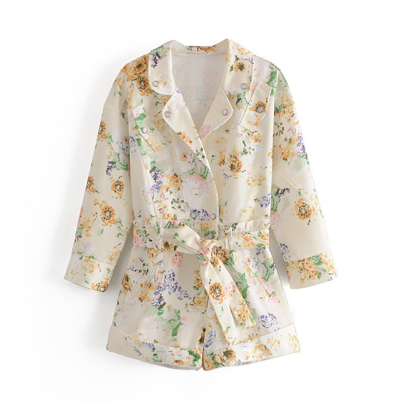 Summer New Style Foreign Temperament Flower Print High Waist Denim Jumpsuit One-Piece