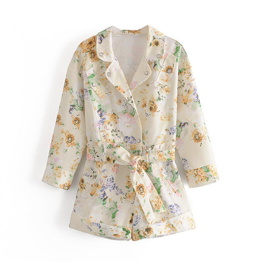 Summer New Style Foreign Temperament Flower Print High Waist Denim Jumpsuit One-Piece