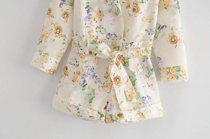 Summer New Style Foreign Temperament Flower Print High Waist Denim Jumpsuit One-Piece