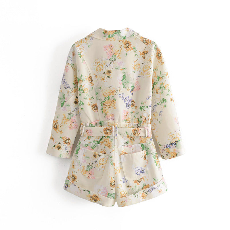 Summer New Style Foreign Temperament Flower Print High Waist Denim Jumpsuit One-Piece
