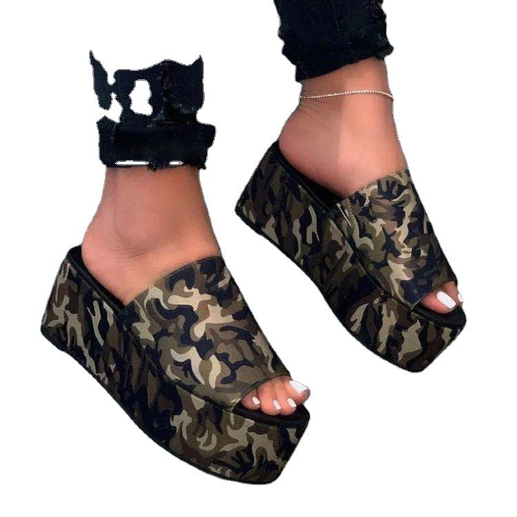 Amazon Ebay Sandals And Slippers Female Plus Size Summer Sponge Cake Thick-Bottomed Camouflage Word Drag Flat-Bottom Beach Sandals