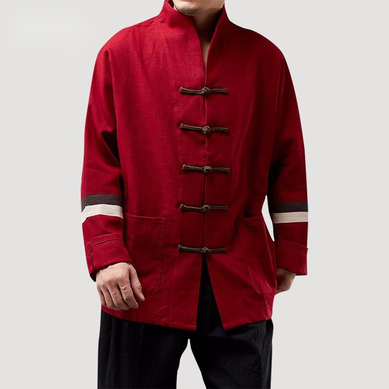 Contrasting Color Stitching Linen Plate Buckle Tang Suit