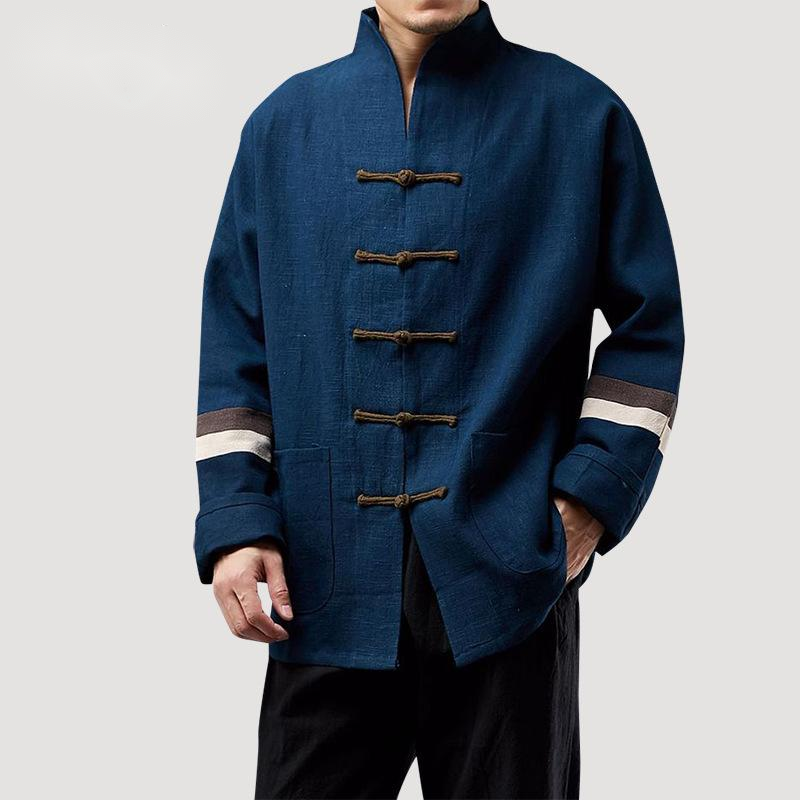 Contrasting Color Stitching Linen Plate Buckle Tang Suit