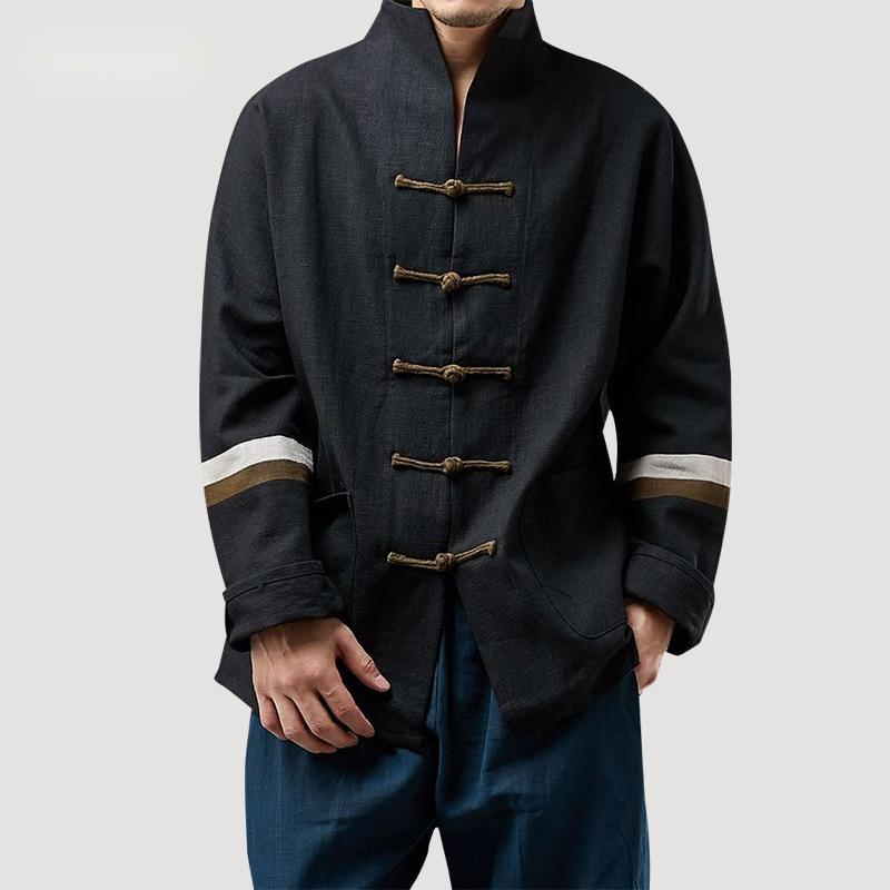 Contrasting Color Stitching Linen Plate Buckle Tang Suit