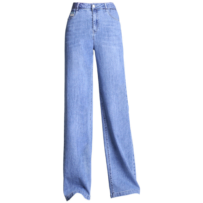 Spring high waist casual denim trousers straight blue washed cotton light color